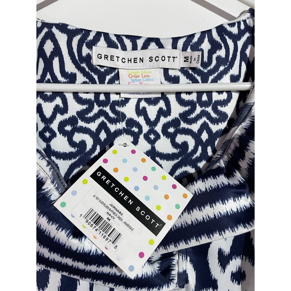 Gretchen Scott Dress M Navy Ruffneck Jersey Knit Feminine Brunch Party Travel - Picture 3 of 7